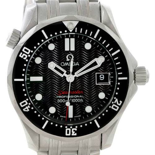 The image shows a front view of the Omega Seamaster 212.30.36.61.01.001 Men's Stainless Steel Black Dial 212.30.36.61.01.001 Men's Stainless Steel Black Dial Professional watch, featuring its face, bezel, and part of the bracelet.