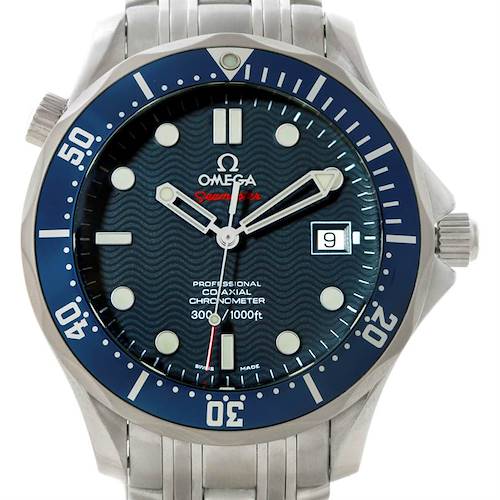 The image shows a front view of an Omega Seamaster 2220.80.00 Men's Stainless Steel Blue Dial 2220.80.00 Men's Stainless Steel Blue Dial watch, highlighting its dial, bezel, hands, and bracelet.
