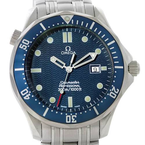 The image shows a front view of the Omega Seamaster 2541.80.00 Men's Stainless Steel Blue Dial 2541.80.00 Men's Stainless Steel Blue Dial watch, displaying its dial, bezel, crown, hands, and bracelet.