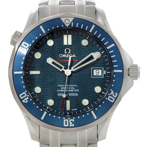 The image shows a front view of the Omega Seamaster 2220.80.00 Men's Stainless Steel Blue Dial 2220.80.00 Men's Stainless Steel Blue Dial watch, highlighting the dial, bezel, date window, and part of the bracelet.