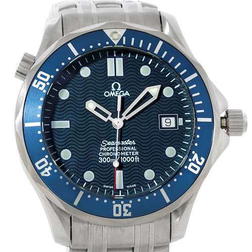 The image shows a front view of an Omega Seamaster 2531.80.00 Men's Stainless Steel Blue Dial 2531.80.00 Men's Stainless Steel Blue Dial watch, highlighting its face, bezel, hands, and part of the metal bracelet.