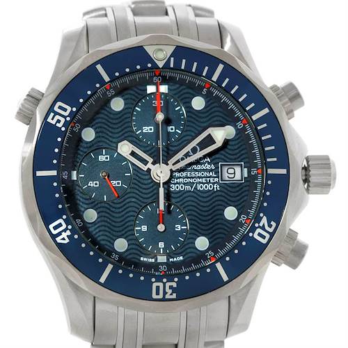 The image shows a front view of the Omega Seamaster 2599.80.00 Men's Stainless Steel Blue Dial 2599.80.00 Men's Stainless Steel Blue Dial, highlighting its dial, bezel, hands, subdials, and date window.