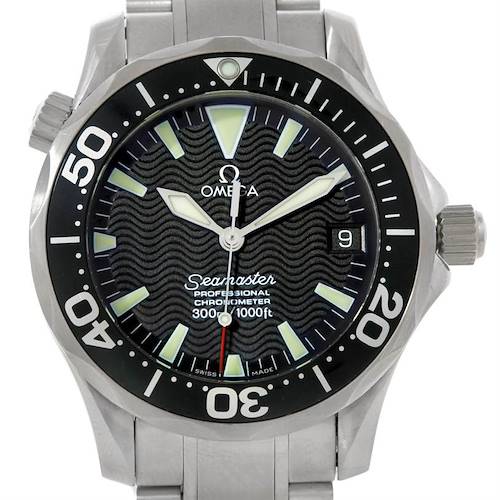 This image shows a front view of an Omega Seamaster 2252.50.00 Men's Stainless Steel Black Dial 2252.50.00 Men's Stainless Steel Black Dial watch, highlighting the dial, bezel, and part of the bracelet.