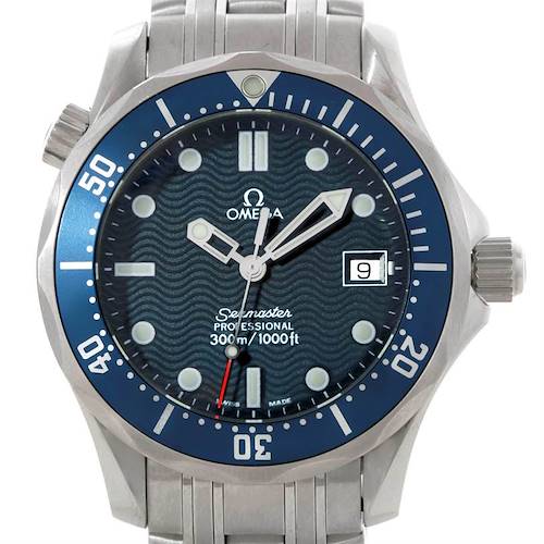 The image shows a frontal view of the Omega Seamaster 2561.80.00 Men's Stainless Steel Blue Dial 2561.80.00 Men's Stainless Steel Blue Dial Professional watch, highlighting its dial, bezel, and bracelet.