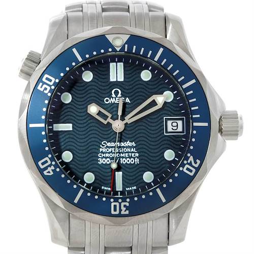 Front view of the Omega Seamaster 2551.80.00 Men's Stainless Steel Blue Dial 2551.80.00 Men's Stainless Steel Blue Dial watch, showing the dial, hands, date window, bezel, and part of the bracelet.