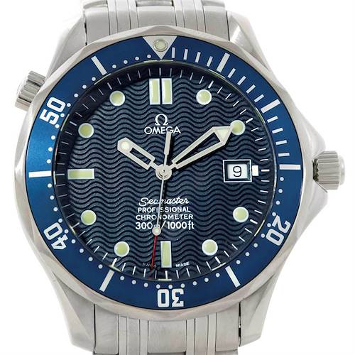The image shows a front view of the Omega Seamaster 2531.80.00 Men's Stainless Steel Blue Dial 2531.80.00 Men's Stainless Steel Blue Dial watch displaying its face, bezel, and part of the bracelet.