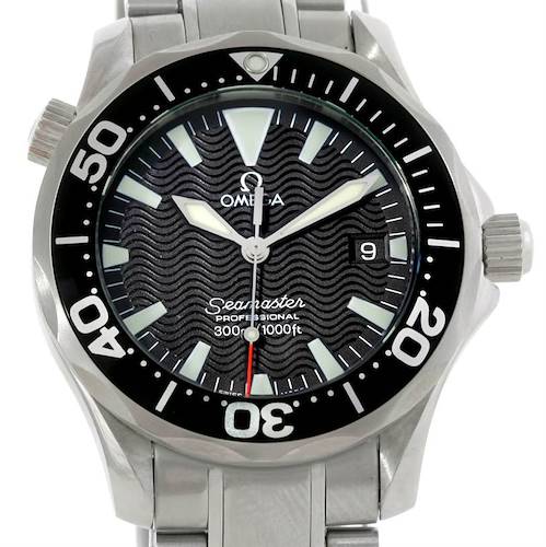 The image shows a frontal view of an Omega Seamaster 2262.50.00 Men's Stainless Steel Black Dial 2262.50.00 Men's Stainless Steel Black Dial watch, featuring the dial, bezel, crown, and bracelet.