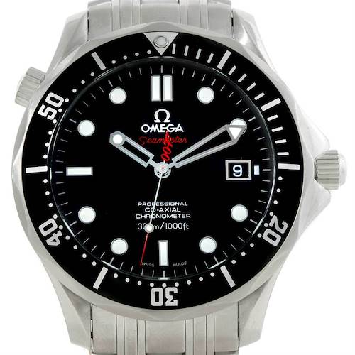 The image shows a front view of the Omega Seamaster 212.30.41.20.01.001 Men's Stainless Steel Black Dial 212.30.41.20.01.001 Men's Stainless Steel Black Dial watch, displaying the entire dial, bezel, and part of the metal bracelet.
