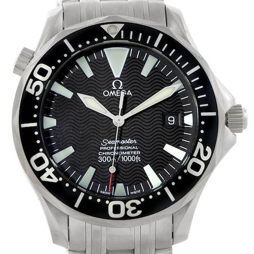 The Omega Seamaster 2254.50.00 Men's Stainless Steel Black Dial 2254.50.00 Men's Stainless Steel Black Dial watch is shown from a front angle, highlighting the dial, bezel, hands, and part of the bracelet.