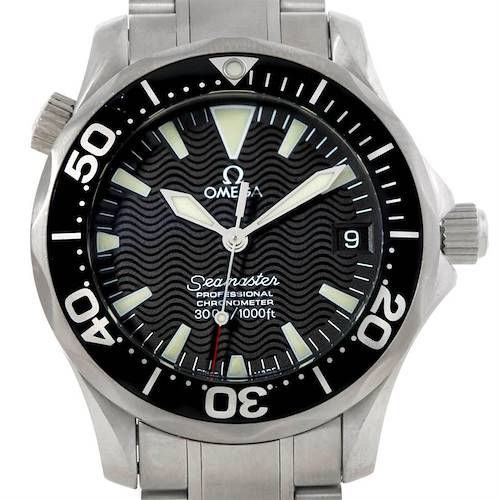 The image shows a front view of the Omega Seamaster 2252.50.00 Men's Stainless Steel Black Dial 2252.50.00 Men's Stainless Steel Black Dial watch, highlighting the face, bezel, and part of the bracelet.