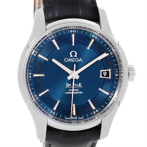 The image shows a front view of an Omega De Ville 431.33.41.21.03.001 Men's Stainless Steel Blue Dial 431.33.41.21.03.001 Men's Stainless Steel Blue Dial watch with a blue dial and black leather strap.