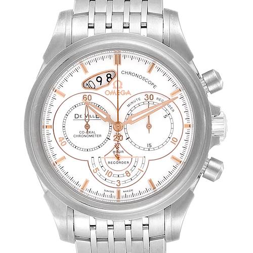 The image shows a frontal view of an Omega De Ville 422.10.41.50.04.001 Men's Stainless Steel White Dial 422.10.41.50.04.001 Men's Stainless Steel White Dial watch, highlighting the dial, subdials, date display, and metal bracelet.