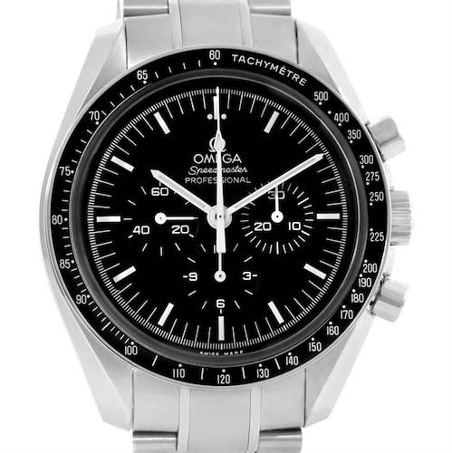 This image shows a front view of an Omega Speedmaster 311.30.42.30.01.005 Men's Stainless Steel Black Dial 311.30.42.30.01.005 Men's Stainless Steel Black Dial Professional watch, highlighting its black dial, sub-dials, and tachymeter bezel.