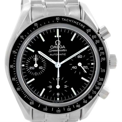 The image shows a front view of the Omega Speedmaster 3539.50.00 Men's Stainless Steel Black Dial 3539.50.00 Men's Stainless Steel Black Dial, highlighting the dial, tachymeter, and chronograph subdials.