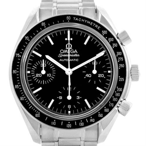 The image shows a front view of the Omega Speedmaster 3539.50.00 Men's Stainless Steel Black Dial 3539.50.00 Men's Stainless Steel Black Dial watch, displaying the dial, hands, subdials, and tachymeter bezel.