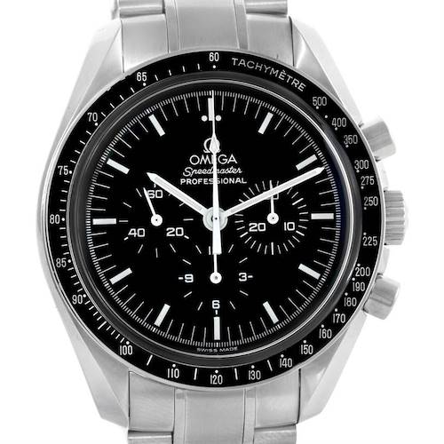 The image shows a front view of the Omega Speedmaster 3570.50.00 Men's Stainless Steel Black Dial 3570.50.00 Men's Stainless Steel Black Dial watch displaying its dial, tachymeter bezel, and chronograph sub-dials.