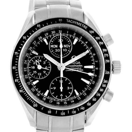 The image shows a front view of an Omega Speedmaster 3220.50.00 Men's Stainless Steel Black Dial 3220.50.00 Men's Stainless Steel Black Dial watch featuring its dial, bezel, and metal bracelet.