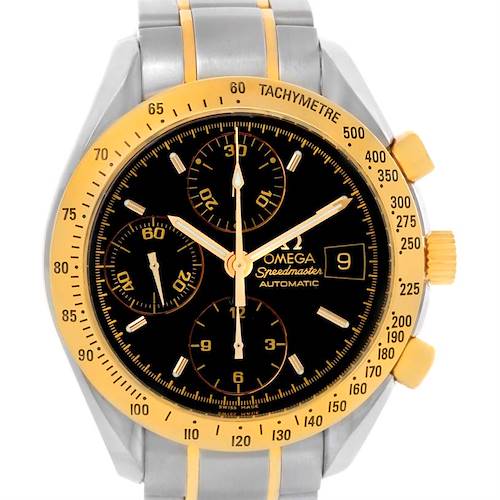 The image shows a front view of an Omega Speedmaster 3313.50.00 Men's Steel and Gold (two tone) Black Dial 3313.50.00 Men's Steel and Gold (two tone) Black Dial watch with a black face, gold bezel, and subdials for chronograph functions.