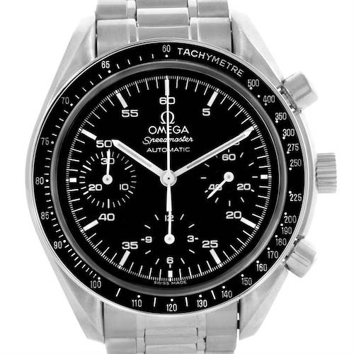 The image shows a front view of an Omega Speedmaster 3510.50.00 Men's Stainless Steel Black Dial 3510.50.00 Men's Stainless Steel Black Dial watch, displaying its black dial, tachymeter, and metal bracelet.