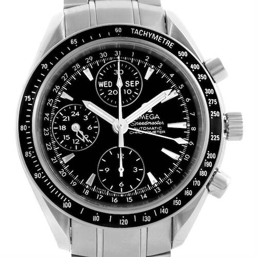The image shows a front view of an Omega Speedmaster 3220.50.00 Men's Stainless Steel Black Dial 3220.50.00 Men's Stainless Steel Black Dial watch, highlighting its dial, subdials, and tachymetre bezel.