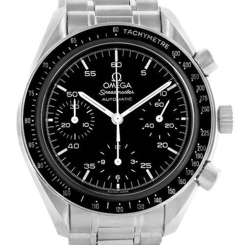 The image shows the front view of an Omega Speedmaster 3510.50.00 Men's Stainless Steel Black Dial 3510.50.00 Men's Stainless Steel Black Dial watch, displaying the dial, tachymetre, and bracelet.