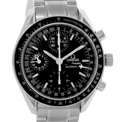 The image shows a close-up front view of the Omega Speedmaster 3520.50.00 Men's Stainless Steel Black Dial 3520.50.00 Men's Stainless Steel Black Dial watch, displaying its dial, bezel, buttons, and part of the bracelet.