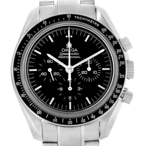 The image shows a front view of the Omega Speedmaster 3573.50.00 Men's Stainless Steel Black Dial 3573.50.00 Men's Stainless Steel Black Dial watch, displaying its black dial, sub-dials, tachymeter bezel, and stainless steel strap.