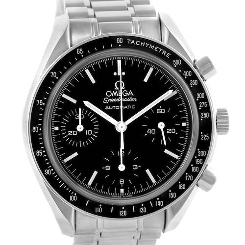 The image shows a front view of the Omega Speedmaster 3539.50.00 Men's Stainless Steel Black Dial 3539.50.00 Men's Stainless Steel Black Dial watch, highlighting its black dial, subdials, and metal bracelet.