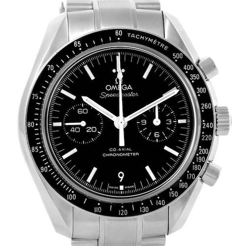 The image shows a front view of the Omega Speedmaster 311.30.44.51.01.002 Stainless Steel Black Dial 311.30.44.51.01.002 Stainless Steel Black Dial watch, displaying its black dial, tachymeter bezel, and stainless steel bracelet.