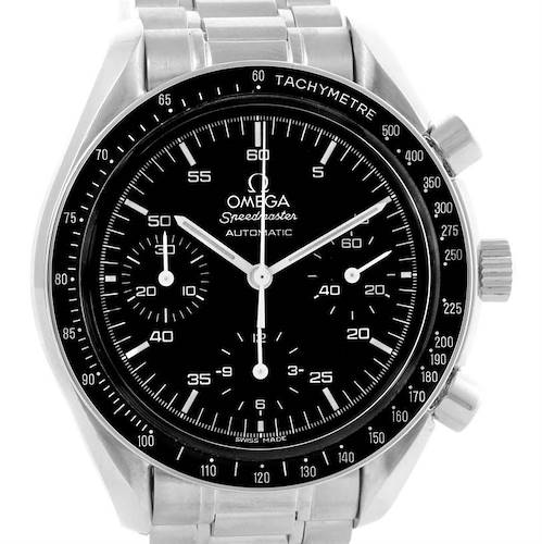 The Omega Speedmaster 3510.50.00 Men's Stainless Steel Black Dial 3510.50.00 Men's Stainless Steel Black Dial watch is shown head-on, featuring its black dial, tachymetre bezel, and stainless steel bracelet.