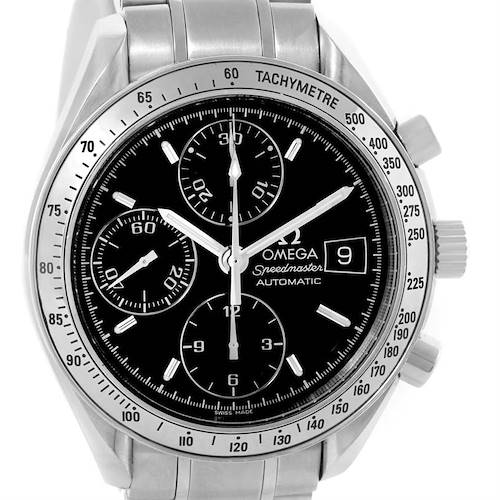 The image shows a front view of an Omega Speedmaster 3513.50.00 Men's Stainless Steel Black Dial 3513.50.00 Men's Stainless Steel Black Dial watch, highlighting the dial, bezel, and stainless steel bracelet.