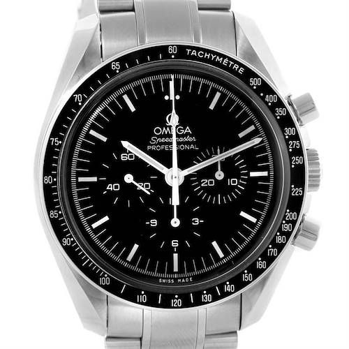 This image shows a front view of the Omega Speedmaster 311.30.42.30.01.005 Men's Stainless Steel Black Dial 311.30.42.30.01.005 Men's Stainless Steel Black Dial watch displaying the dial, bezel, and chronograph sub-dials.