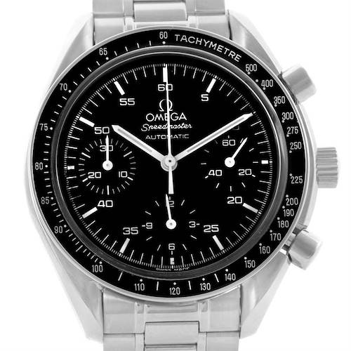 The image shows a front view of the Omega Speedmaster 3510.50.00 Men's Stainless Steel Black Dial 3510.50.00 Men's Stainless Steel Black Dial watch, highlighting its dial, bezel, and stainless steel bracelet.