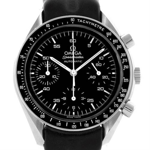 The image shows a frontal view of the Omega Speedmaster 3510.50.00 Men's Stainless Steel Black Dial 3510.50.00 Men's Stainless Steel Black Dial watch, highlighting its black dial, subdials, and tachymeter bezel.
