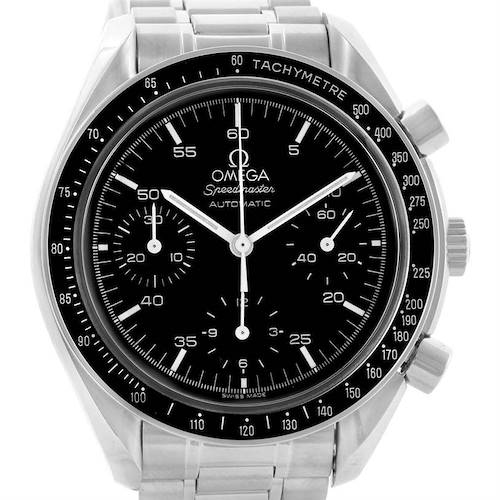 The image shows a front view of an Omega Speedmaster 3510.50.00 Men's Stainless Steel Black Dial 3510.50.00 Men's Stainless Steel Black Dial watch, highlighting the dial, bezel, and buttons on the side.
