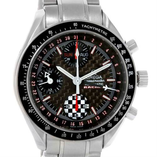 The image shows a front view of an Omega Speedmaster 3529.50.00 Men's Stainless Steel Black Dial 3529.50.00 Men's Stainless Steel Black Dial Racing watch, highlighting the dial, subdials, hands, and tachymeter scale.