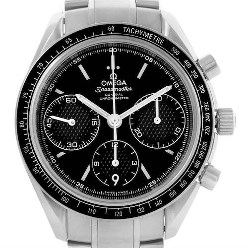 The Omega Speedmaster 326.30.40.50.01.001 Men's Stainless Steel Black Dial 326.30.40.50.01.001 Men's Stainless Steel Black Dial watch is shown from a front angle, displaying the face, bezel, subdials, and part of the bracelet.