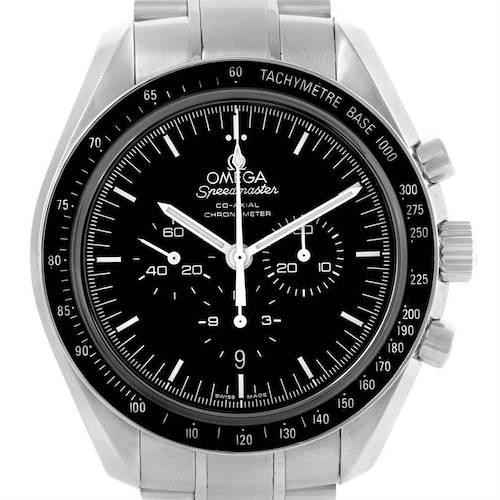 The image shows a front view of an Omega Speedmaster 311.30.44.50.01.002 Men's Stainless Steel Black Dial 311.30.44.50.01.002 Men's Stainless Steel Black Dial watch, highlighting the dial, bezel, and part of the bracelet.