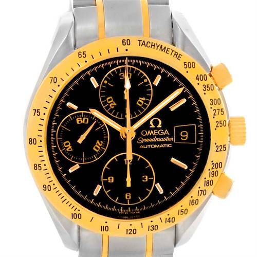 The image shows a frontal view of the Omega Speedmaster 3313.50.00 Men's Steel and Gold (two tone) Black Dial 3313.50.00 Men's Steel and Gold (two tone) Black Dial watch, highlighting the face, bezel, crown, and date window.