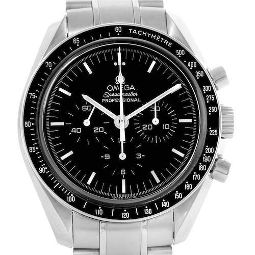 The image shows a front view of an Omega Speedmaster 3573.50.00 Men's Stainless Steel Black Dial 3573.50.00 Men's Stainless Steel Black Dial Professional watch, displaying its dial, tachymètre bezel, and part of the bracelet.