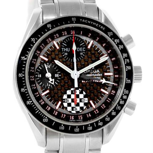 The Omega Speedmaster 3529.50.00 Men's Stainless Steel Black Dial 3529.50.00 Men's Stainless Steel Black Dial watch is shown from a front angle, highlighting its dial, sub-dials, bezel, and bracelet.