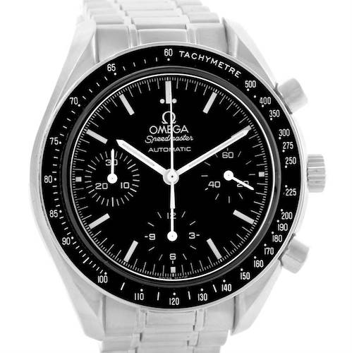 The Omega Speedmaster 3539.50.00 Men's Stainless Steel Black Dial 3539.50.00 Men's Stainless Steel Black Dial watch is shown from a front angle, highlighting its dial, bezel, and bracelet.