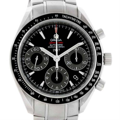 This image shows a frontal view of an Omega Speedmaster 323.30.40.40.01.001 Men's Stainless Steel Black Dial 323.30.40.40.01.001 Men's Stainless Steel Black Dial watch, highlighting its dial and tachymeter bezel.
