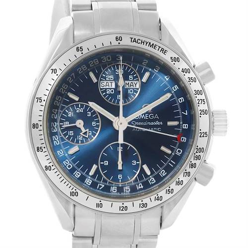 The image shows a frontal view of an Omega Speedmaster 3523.80.00 Men's Stainless Steel Blue Dial 3523.80.00 Men's Stainless Steel Blue Dial watch, featuring a blue dial, subdials, and a tachymeter bezel.