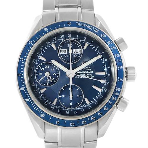This image shows the front view of an Omega Speedmaster 3222.80.00 Men's Stainless Steel Blue Dial 3222.80.00 Men's Stainless Steel Blue Dial watch, highlighting the dial, sub-dials, tachymeter, and bracelet.