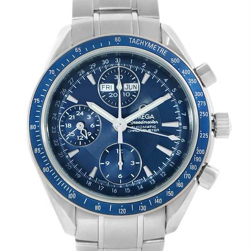 The image shows a close-up, straight-on view of an Omega Speedmaster 3222.80.00 Men's Stainless Steel Blue Dial 3222.80.00 Men's Stainless Steel Blue Dial watch, highlighting the dial, bezel, and part of the bracelet.