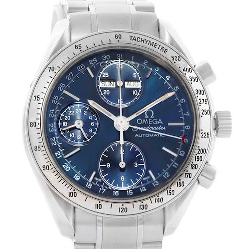 The Omega Speedmaster 3521.80.00 Men's Stainless Steel Blue Dial 3521.80.00 Men's Stainless Steel Blue Dial watch is shown from a front angle, highlighting the dial, sub-dials, and tachymeter bezel.