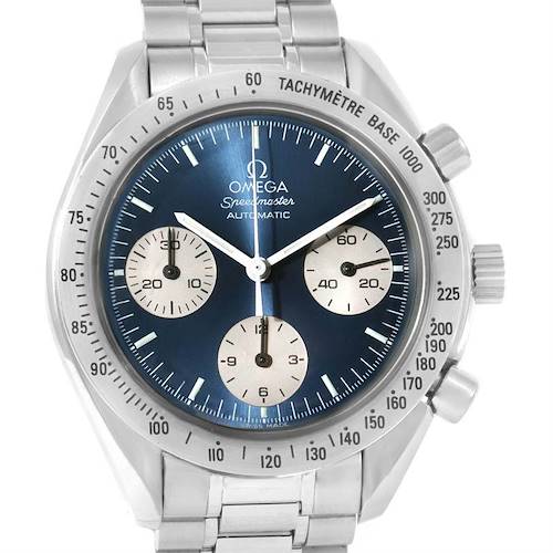 This image shows a front view of an Omega Speedmaster 3510.82.00 Men's Stainless Steel Blue Dial 3510.82.00 Men's Stainless Steel Blue Dial watch with a blue dial, three sub-dials, and a tachymeter bezel.