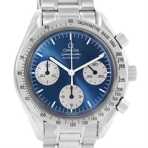 The image shows a front view of the Omega Speedmaster 3510.82.00 Men's Stainless Steel Blue Dial 3510.82.00 Men's Stainless Steel Blue Dial watch, highlighting its dial, subdials, tachymeter bezel, and metal bracelet.