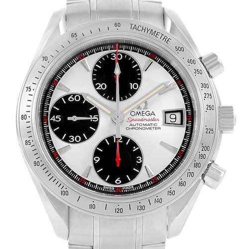 The image shows a front view of the Omega Speedmaster 3211.31.00 Men's Stainless Steel Silver Dial 3211.31.00 Men's Stainless Steel Silver Dial watch, highlighting the dial, tachymeter bezel, and chronograph sub-dials.